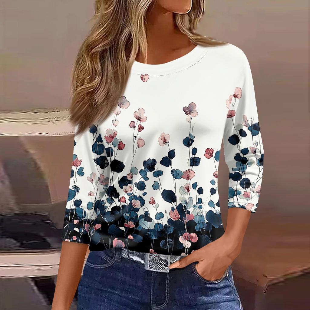 Women's Three-Quarter Sleeve Shirt, Round Neck, Loose Fit, Casual Shirt, Floral Print T-Shirt, Summer