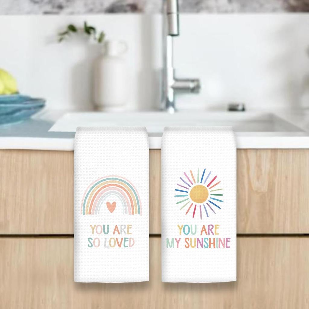 Boho Rainbow Kids Hand Towels Set of 2 - Kids Bathroom Decor Hand Towels, You are My Sunshine Dish Tea Towel for Nursery Kitchen Bathroom, Rainbow