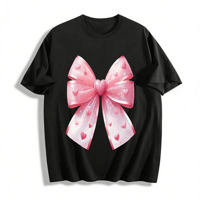 Sweet Heart Sheer Bow Print Cute Girls Casual Top Pure Cotton T-shirt