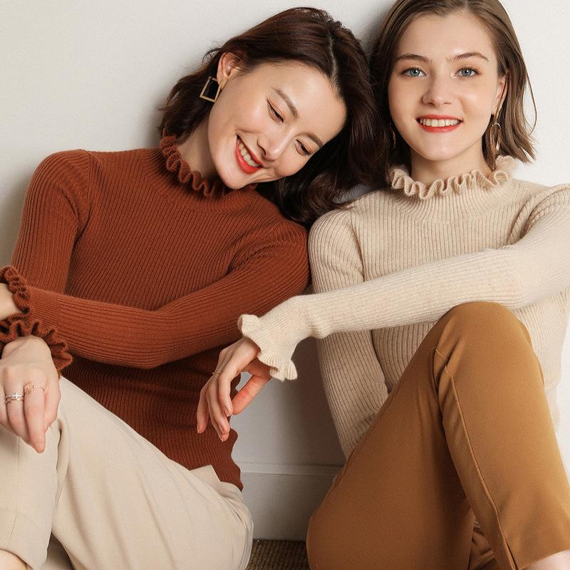 Autumn and Winter Semi-high Neck Women's Sweater Slim Long-sleeved Pullover Short Section Tight Thin Knit Sweater Bottoming Shirt