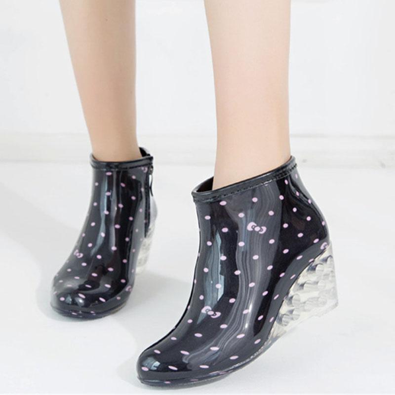Women's Rain Boots Waterproof Overshoes Female Soft Sole Anti-slip PVC Plastic Shoes Fashion Printed Wedge Heels Zipper Gumboots