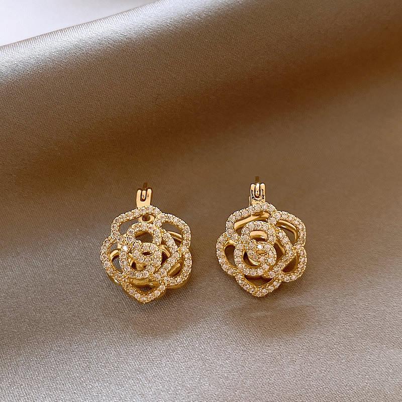 Real gold electroplated zircon pearl flower fritillary earrings simple stud earrings temperament earrings women