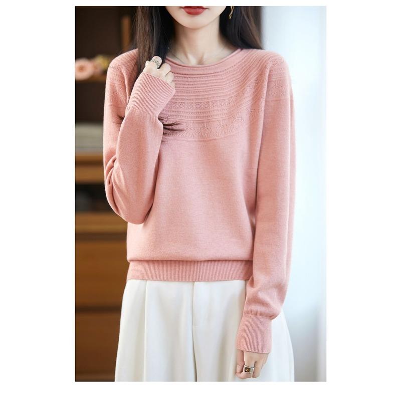 

Осень и Зима Новый Стиль Завитой Круглый Вырез Ажурный Шерстяной Свитер Вязаный Базовый Пуловер Топ Свободный S розовый