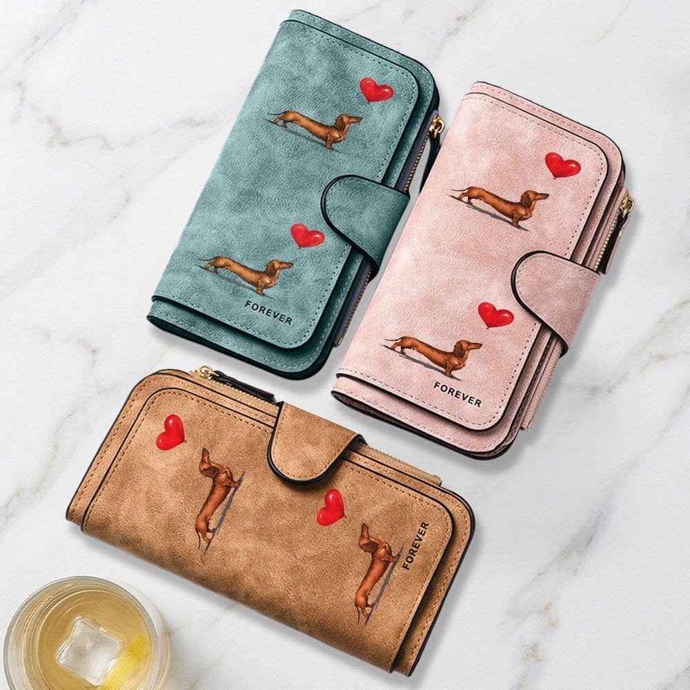 Portafoglio lungo alla moda con design stampato di bassotto e palloncino a forma di cuore, portamonete portatile multifunzionale accattivante con chiusura, grande