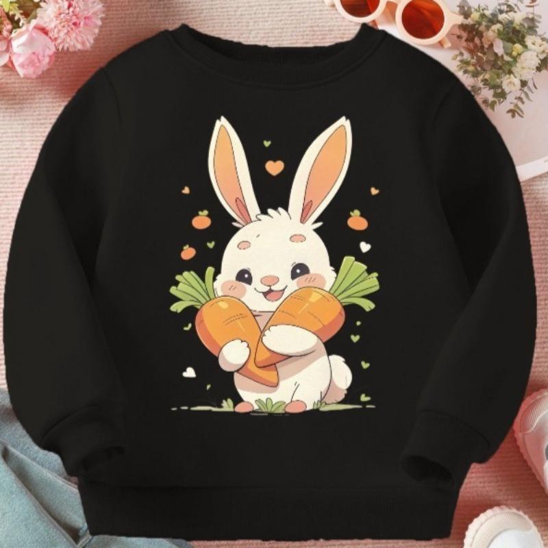 Kids Crewneck Sweatshirt, Cute White Rabbit Carrot Print Long Sleeve Casual Top for Spring Autumn