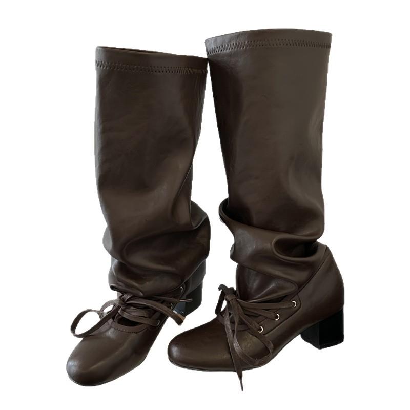 Sheepskin version~ retro round head strap pleated stacking boots women's thick heel high boots 2025 new western cowboy boots