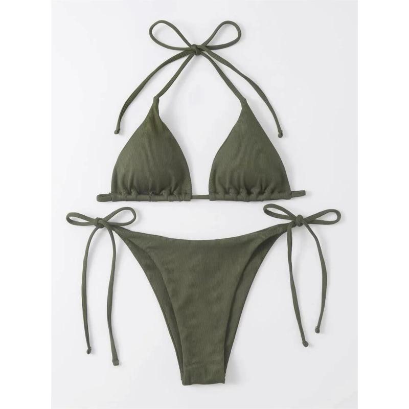 Sexy Brown Bikini 2026 Women Solid Red Halter Push Up Bra Tie Side Triangle Swimsuit Summer Bathing Suit Lace Up Micro Swimwear