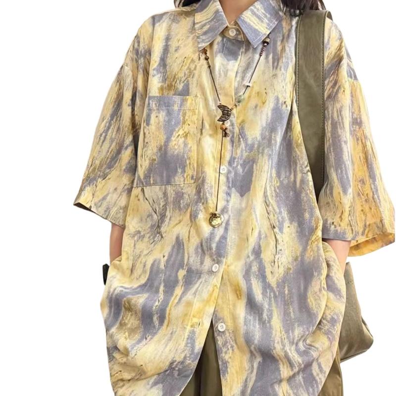 Japanese Printed Female's Short Sleeved Shirts Summer Single Pocket Cardigan Blouses Loose Turn-down Collar New Clothing