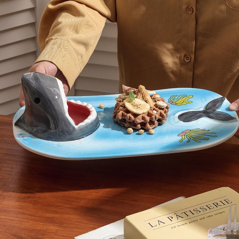 Japońska Zabawna Talerz Rekin z Dużymi Ustami Kreskówkowy Ceramiczny Talerz na Frytki Sos do Maczania Ocet Domowy Talerz na Pierogi Łososia Sushi