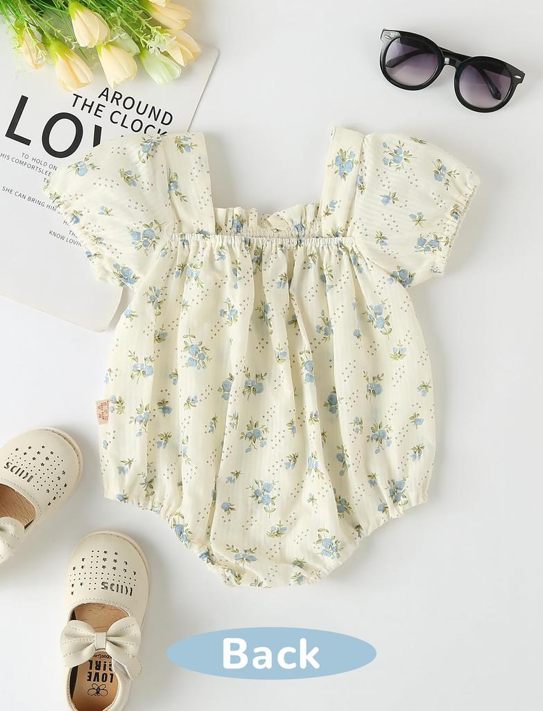 Girls Rompers Baby Coveralls Bodysuit Baby Clothes Short Sleeve Cute Stretch Ribbon Cotton Comfortable Ruffle Floral Summer Newborn 90cm [Maeau] #01