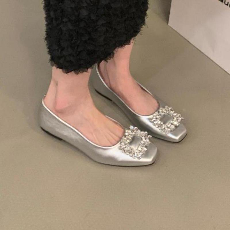 Glossy commuter high-heeled sandals Mary Jane leather shoes silver high-end square-head rhinestone single shoes women's shoes