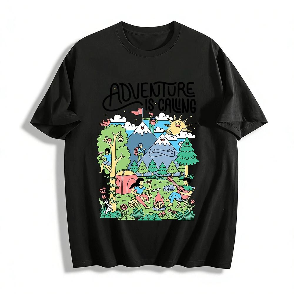 Adventure Is Calling Graphic Tee Camping Hiking Casual Print Top Pure cotton T-shirt XXS