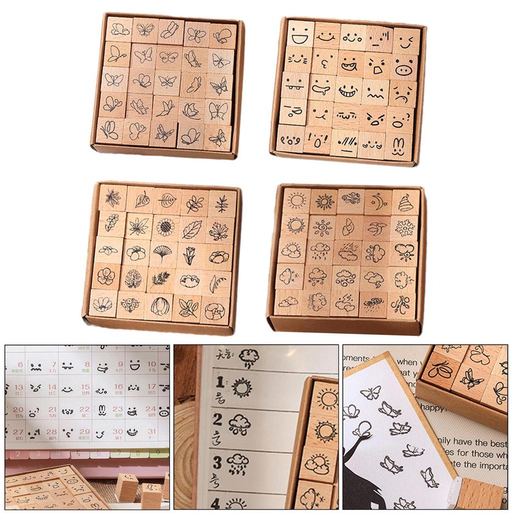 25Pcs Mini Stamps Handmade Stamper Set Wooden Rubber Stamps for Scrapbooking