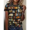 Lady's Vibrancy Book Print Round Neck T-Shirt - Short-sleeved Casual Top with Eye-catching Design Pattern