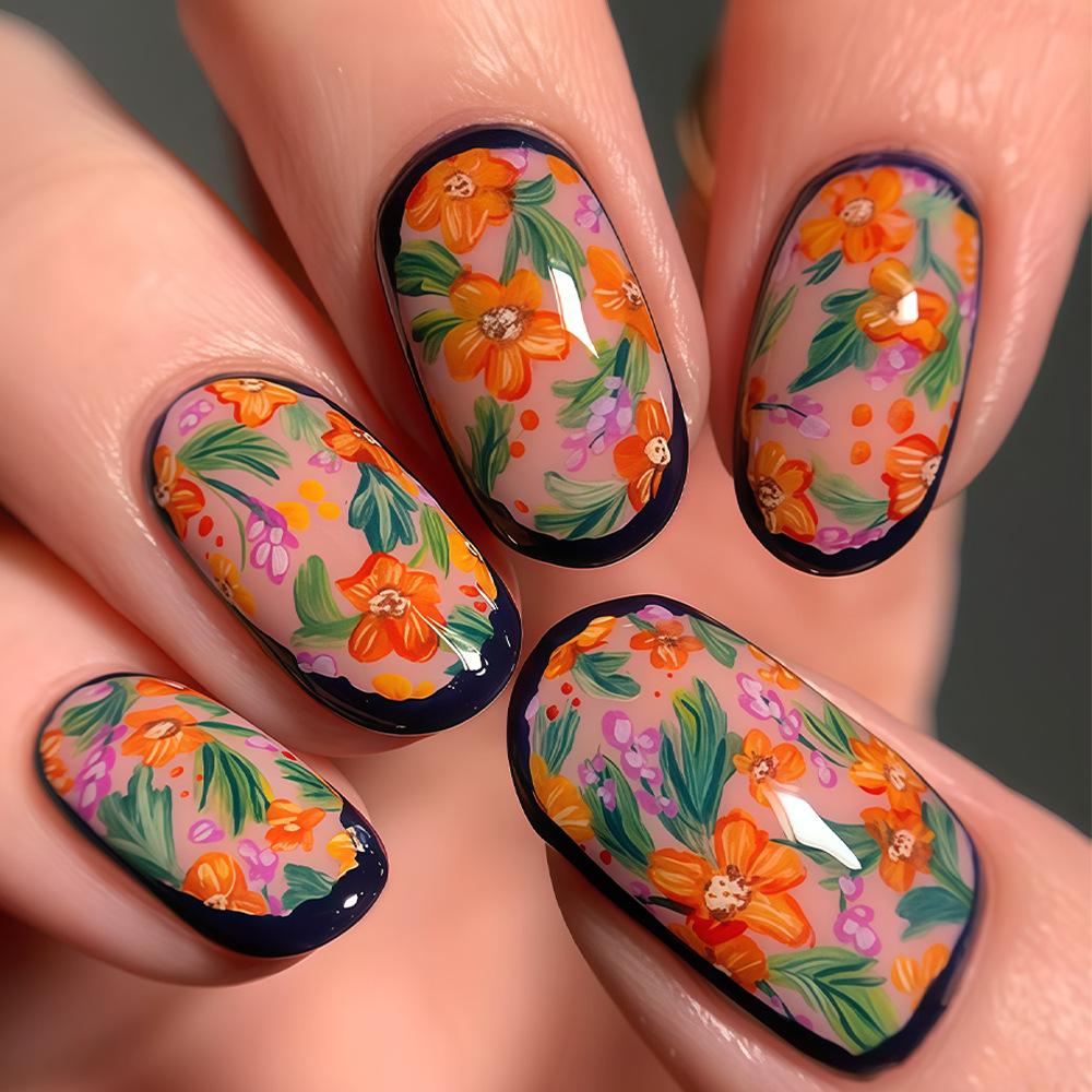 

Europe and the United States wear new pastoral flower pattern orange pink flower green branches and leaves manicure 24 pieces