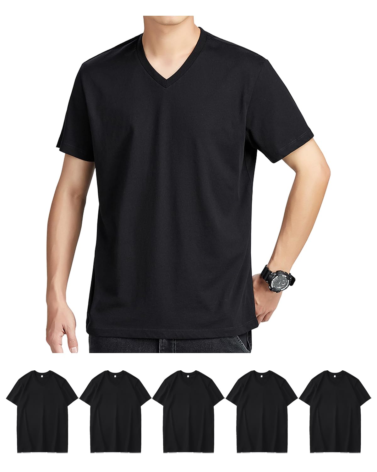 

Внутренний комплект мужского мягкого антибактериального и всесезонного нижнего белья с коротким рукавом [SHOREKEEPER] футболки, 5 шт., 100% хлопок, V-образный вырез, футболка, нижнее белье, чёрный