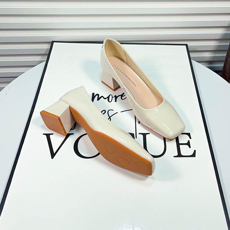 Women's 2024 Green Square Toe Chunky Heel Versatile Low-Cut High Heels