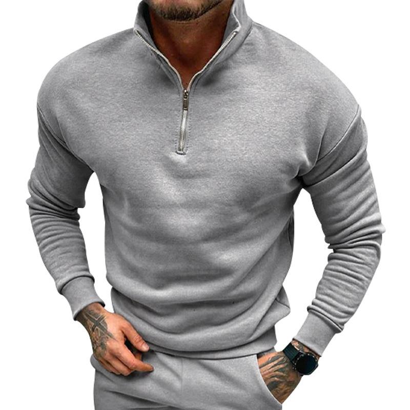 Mens Casual Solid Fleece Lined Long Sleeve Half Zip Stand Collar Polo Shirt