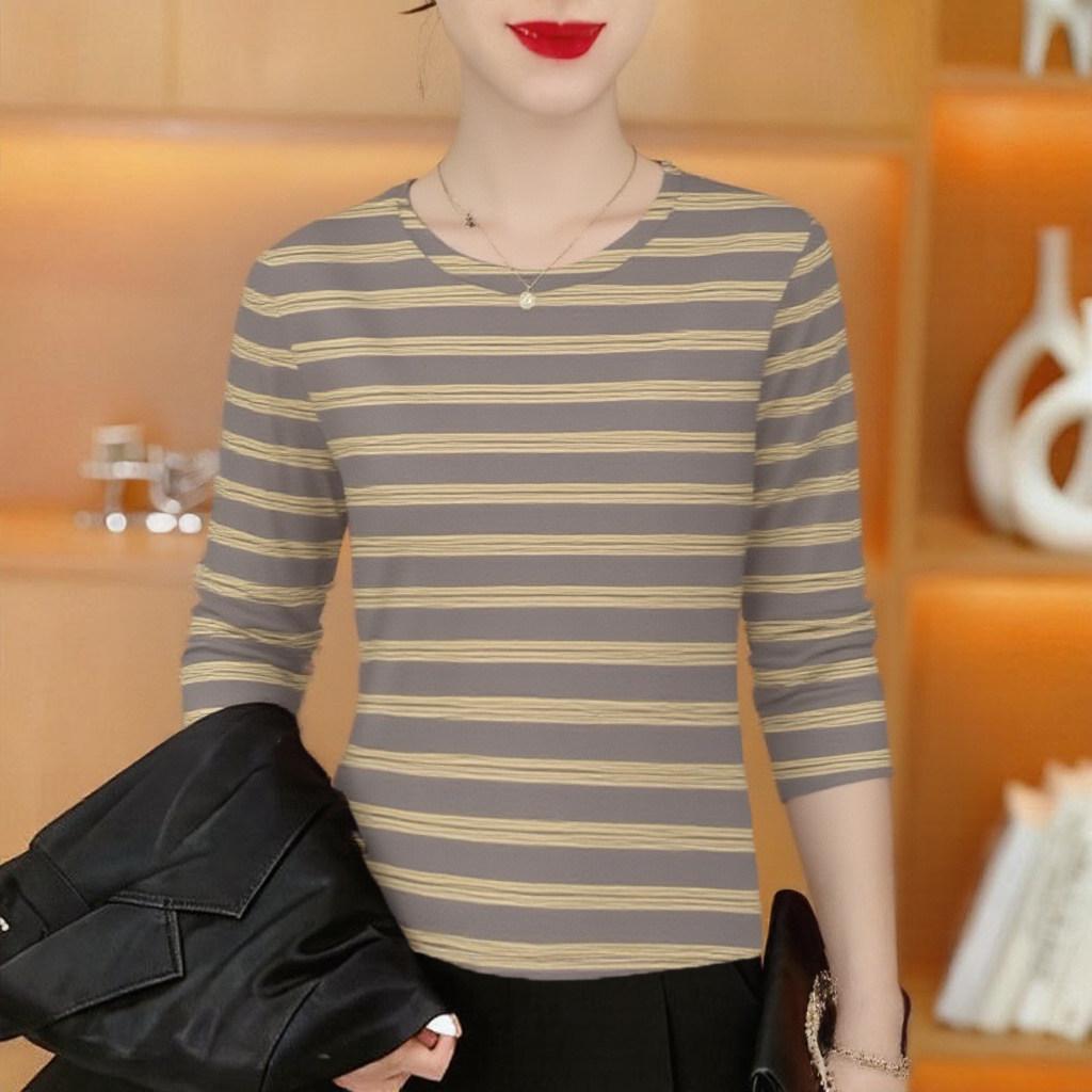 

Women s Striped Long Sleeve T-Shirt, Round Neck, Loose Fit, Plus Size, Fashionable Mom Style, Age-Reducing, Wearable as Outerwear 3XL