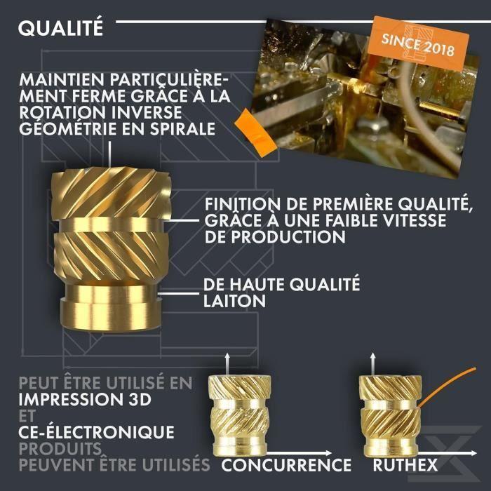 Inserts filetés - ruthex - M2 M3 M4 M5 - 70 + 100 + 50 + 50 pièces - Laiton - Pour impression 3D