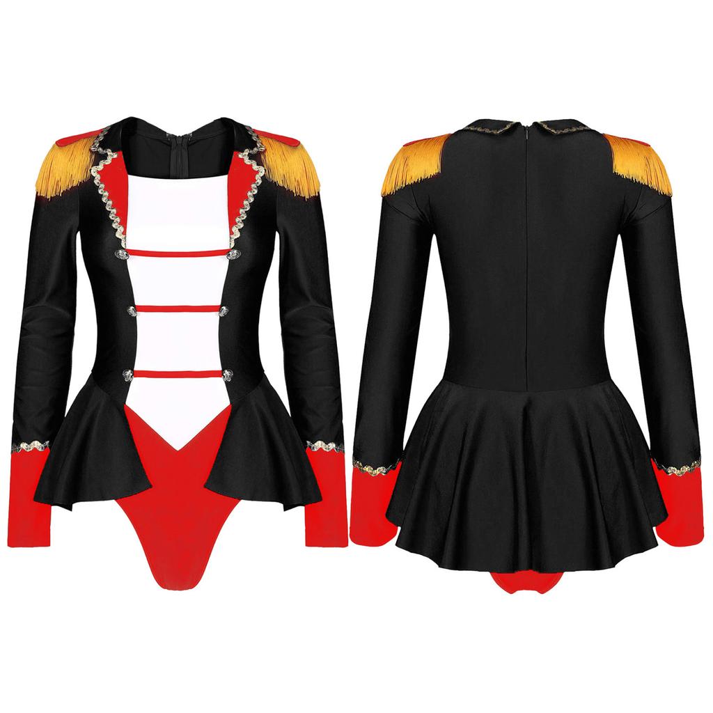 Femei Halloween Circ Ringmaster Cosplay ciucuri Tricou Costum de scenă Femei Patchwork Body cu fustă Ținute pentru joc de rol