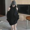 Women's Off-Shoulder Black Knit Sweater - Loose Korean Style for Autumn/Winter 2024