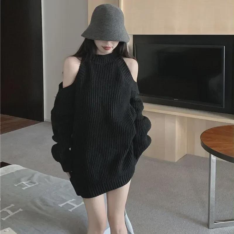 Women's Off-Shoulder Black Knit Sweater - Loose Korean Style for Autumn/Winter 2024