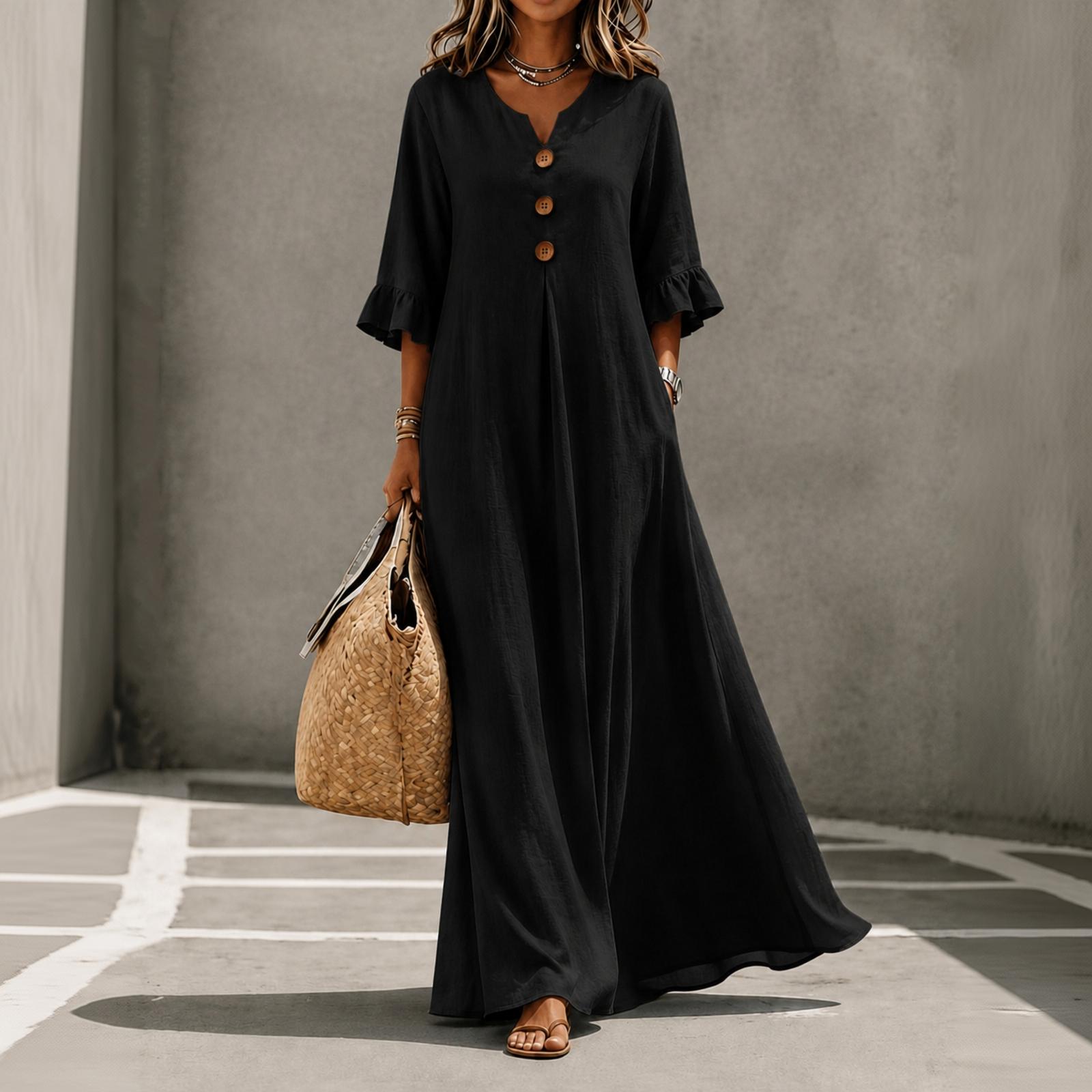 Loose Fit Maxi Dress with Button Front and Flared Skirt Three Quarter Sleeve Casual Long Dress for Women L чёрный