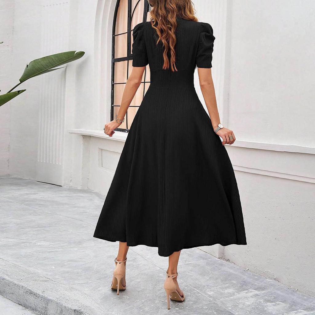2026 Spring Summer Women's High Waist Solid Color Waist-Cinching Short Sleeve Dress