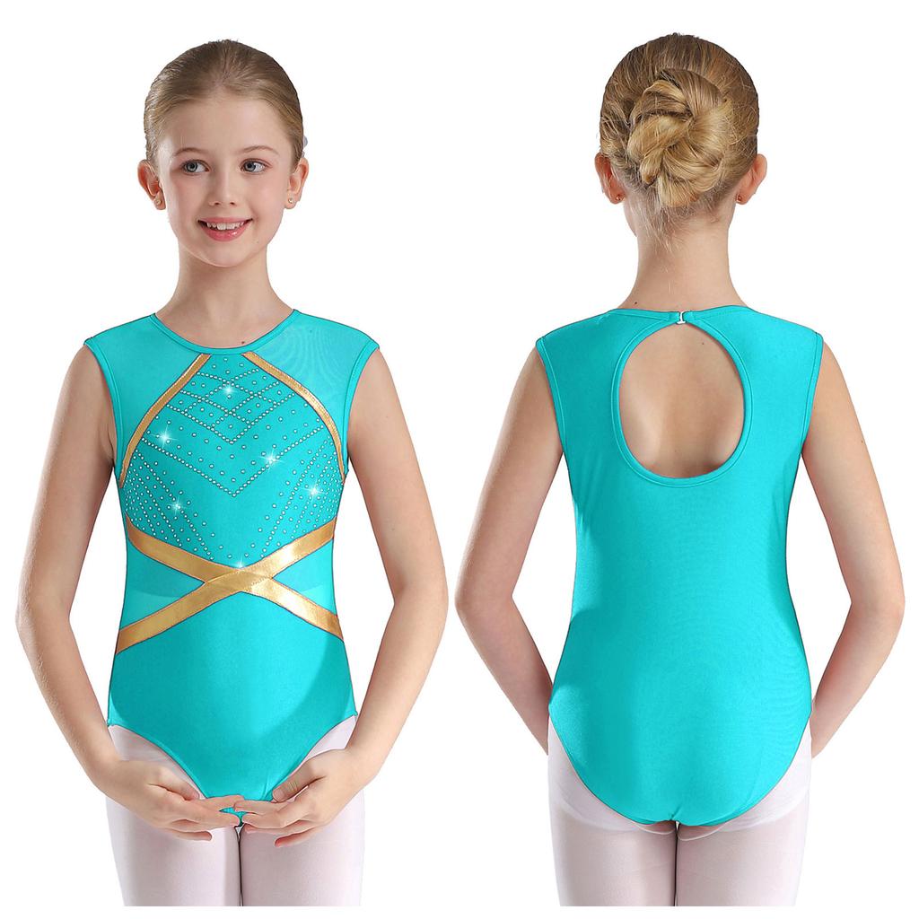 Kids Girls Patchwork Gymnastics Leotard with Glittery Rhinestones Keyhole Back Sleeveless Bodysuit for Figure Skating Dance Recital