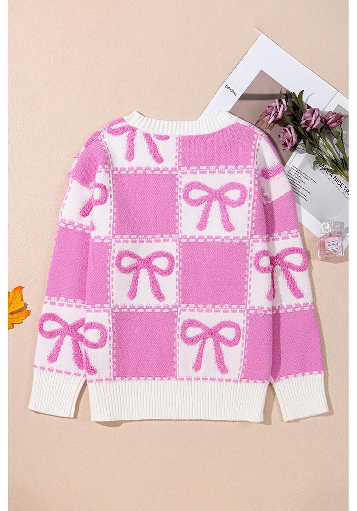 2025 Winter Women's Bow Color Block Round Neck Knitwear Sweater