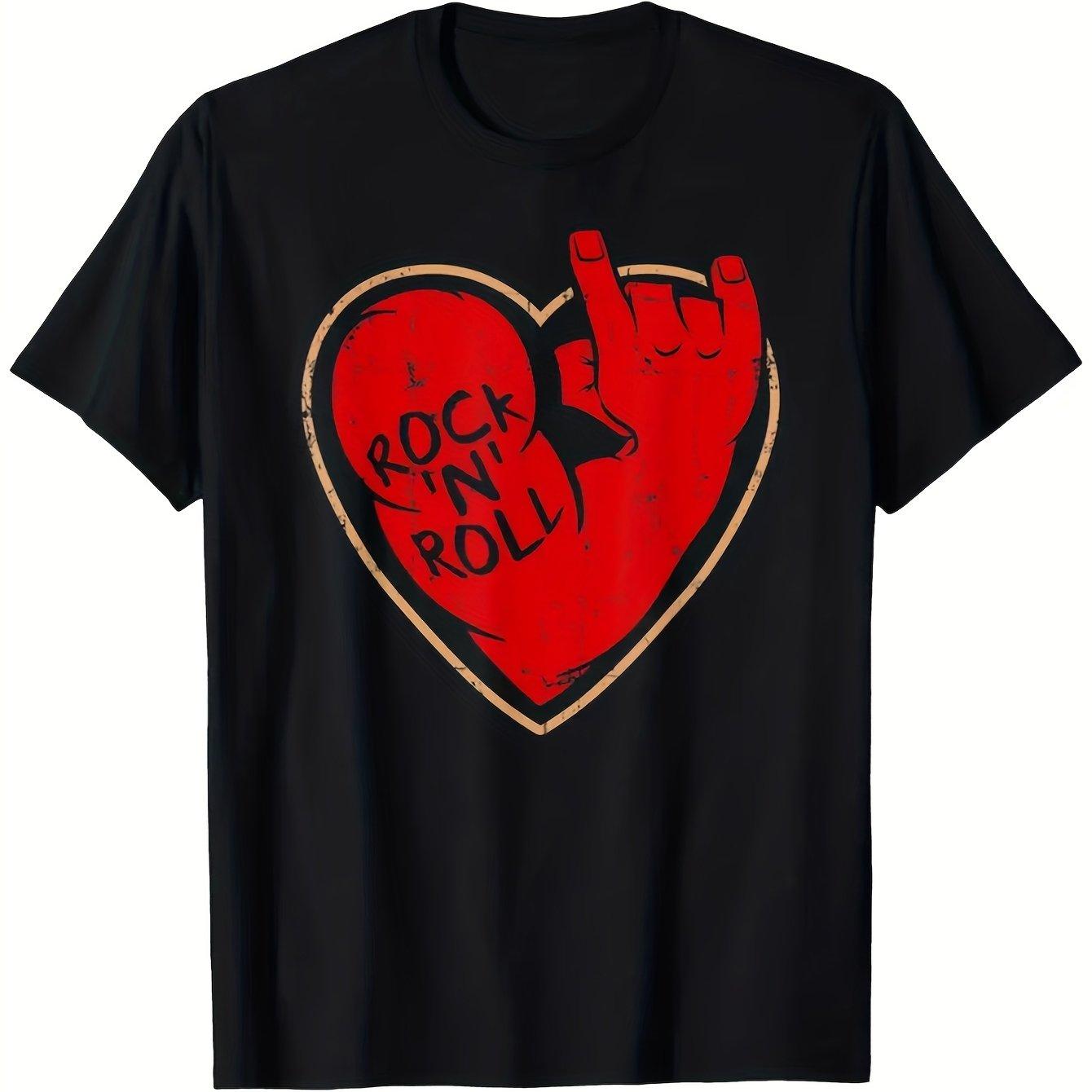 

Rock N Roll Heart Hand Sign Graphic Men s Casual Short Sleeve T-Shirt Soft Cotton Daily Tee 4XL