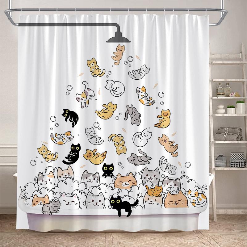 Funny Cartoon Bathing Cats Shower Curtains Cute Animals Pet Cat Kids Bath Curtain Polyester Children Bathroom Decor With Hooks