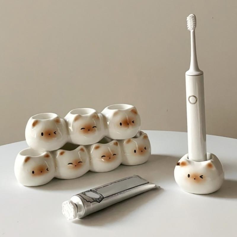 Ceramic Toothbrush Holder Cute Siamese Cat Electric Toothbrush Rack Storage Shelf Toothpaste Placement Home Bathroom Decoration