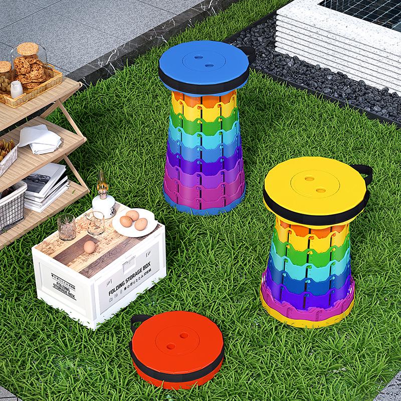 Rainbow Retractable Portable Camping Stool - Round, Plastic Folding Design.