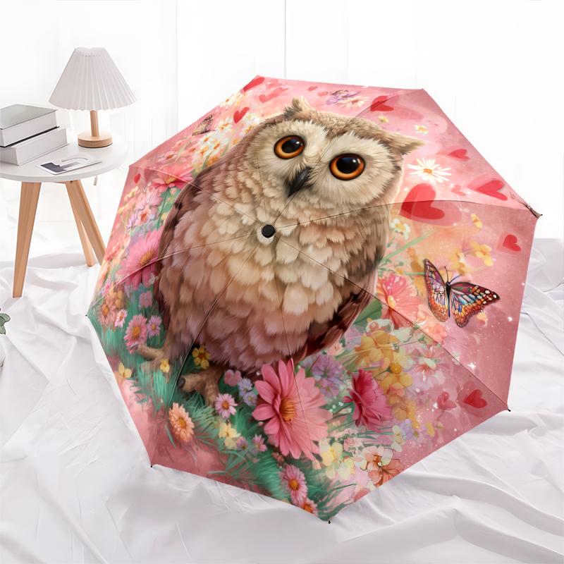 Owl and Flower pattern, automatic folding umbrella, portable and foldable design, 8 ribs, a Christmas or birthday gift.