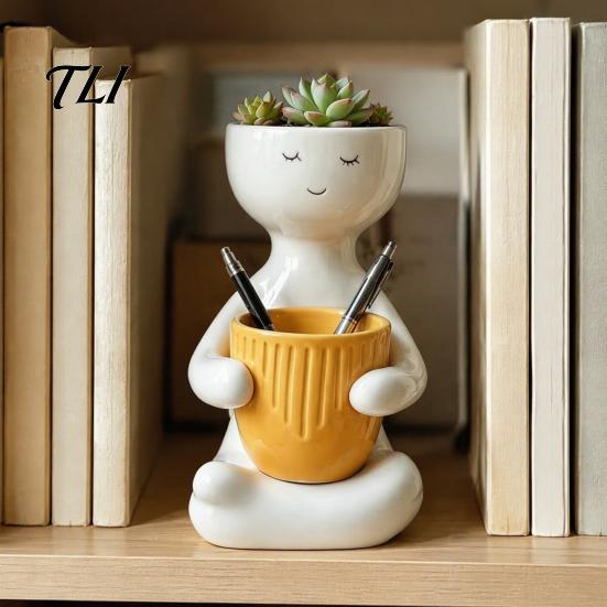 Zen Desktop Flower Pot Smiling Face Plant Pot, Double Planting Space Planter, Cute Resin Holder Sitting Figure Flowerpot for Succulents, Home