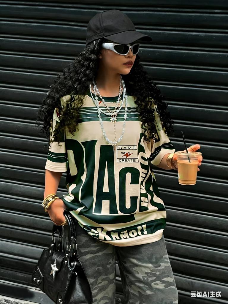 Summer Women Casual Round Neck Short Sleeve Letter Print Simple T-Shirt Daily Wear Graphic Tee Couple Outfits Round Neck T-shirt