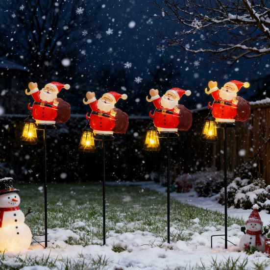 Solar Christmas Lawn Light Outdoor Lighted Santa Claus Garden Stake Metal Snowman Sign with Solar Lantern Waterproof Xmas Decor for Front Yard