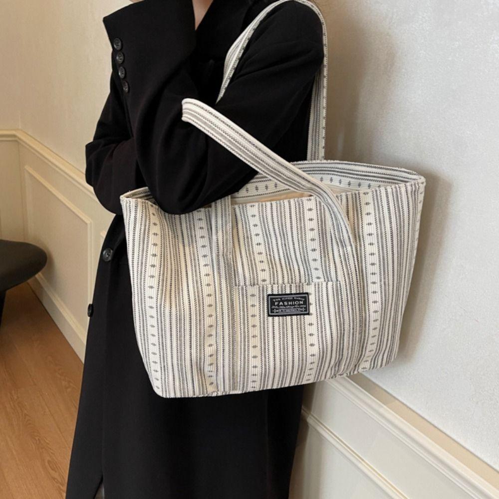 Portable Commuting Shoulder Bag Large Capacity Mommy Bag Fashionable Stripe Handbag  Lady