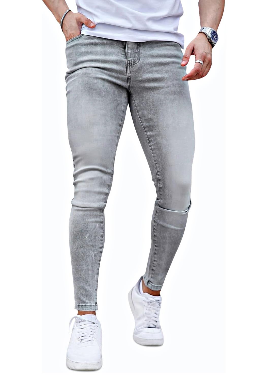 Мужские узкие эластичные джинсы GINGTTO, серые, размер 30