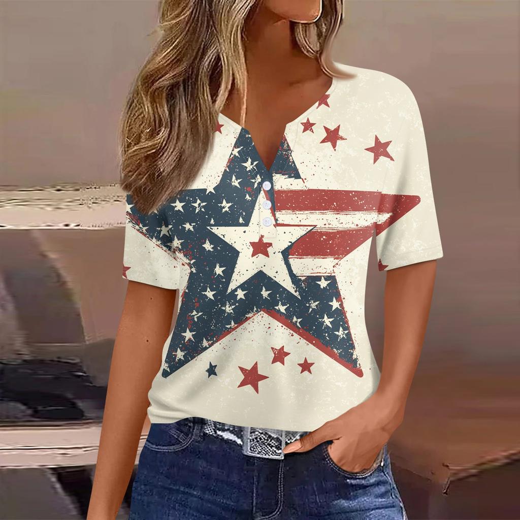Women's T Shirt Tee Print Button Short Sleeve Daily Weekend Fashion Basic V- Neck Regular Top