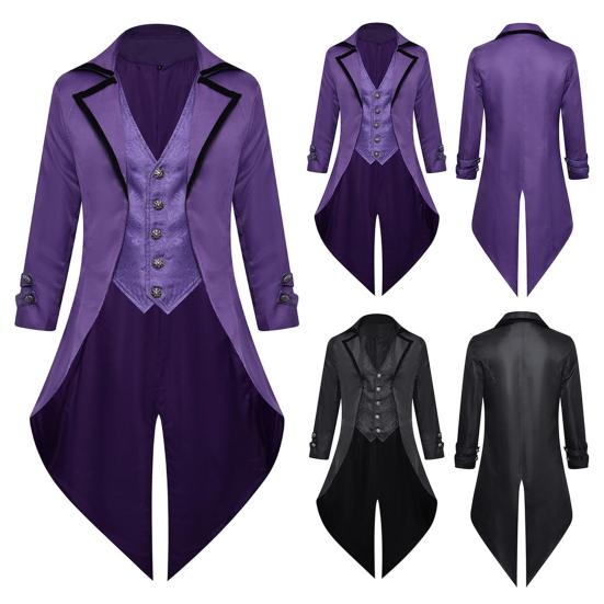 Men Tuxedo Gothic Style Slim Fit Tuxedo Jacket Lapel Long-Sleeved Suit Coat Retro Design Punk Mid-length Overcoat