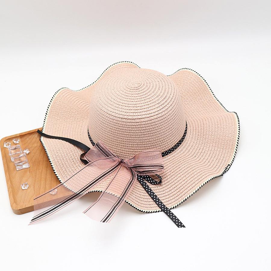 Stylish Polka Dot Straw Sun Hat With Wave Brim And Bow For Women Perfect For Beach And Outdoor Activities