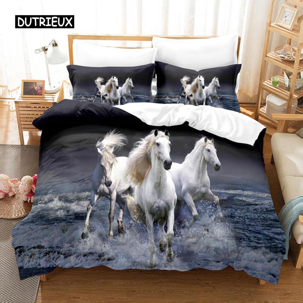 Polyester Comfortable White Horse Pattern Duvet Cover Set With Duvet Cover And Pillowcases King Queen Twin Sizes For All Ages