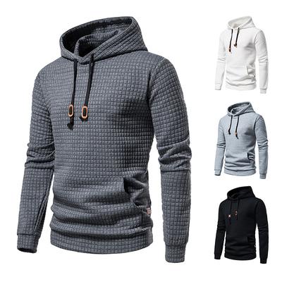 Moda masculina cor sólida casual pulôver jacquard moletom masculino xadrez acolchoado algodão tecido moletom com capuz