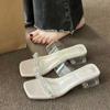 Cool Slippers Women's Outer Wear 2025 Summer New Thick Heel Rhinestone Fairy Wind with Skirt Crystal Transparent Middle Heel Slippers
