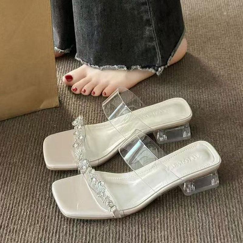 Cool slippers women's outer wear 2025 summer new thick heel rhinestone fairy wind with skirt crystal transparent middle heel slippers
