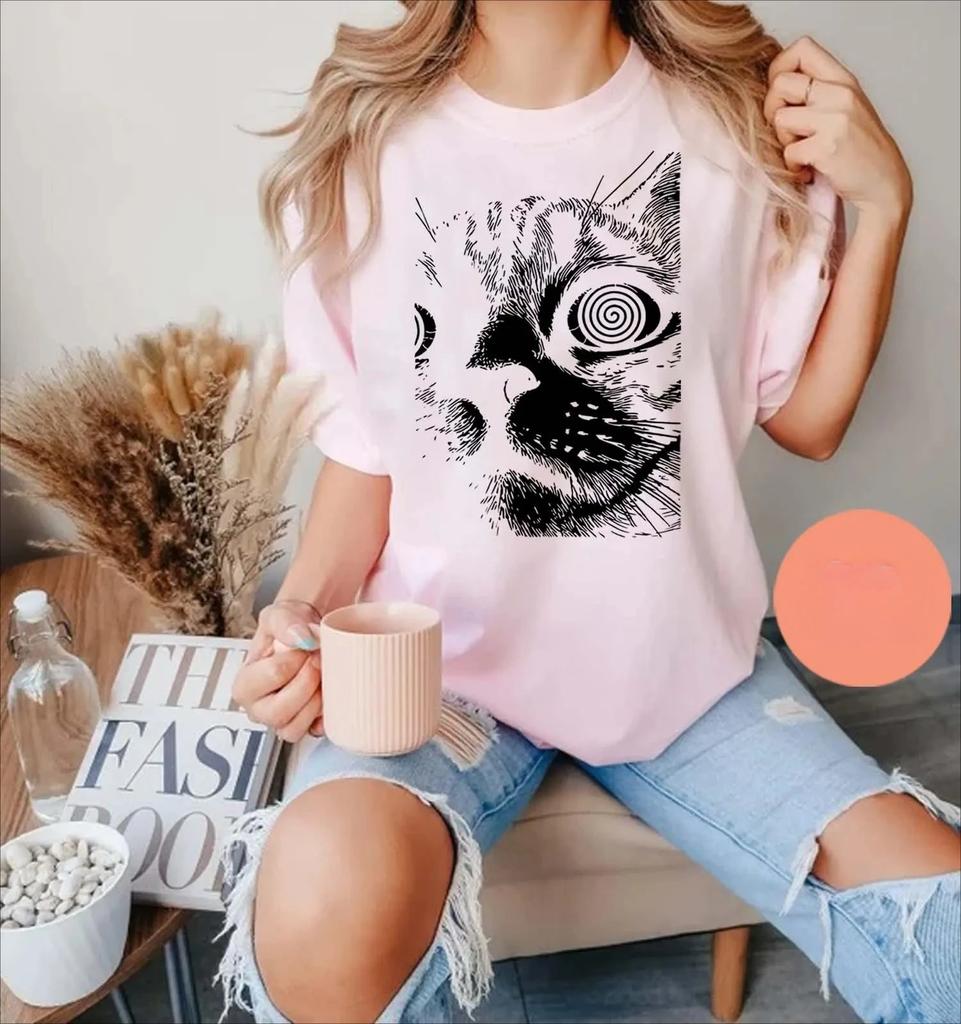 2026 Summer Women Unisex Vintage Psychedelic Cat TShirt Cotton and Breathable Short Sleeve Streetwear Oversized Loose Casual
