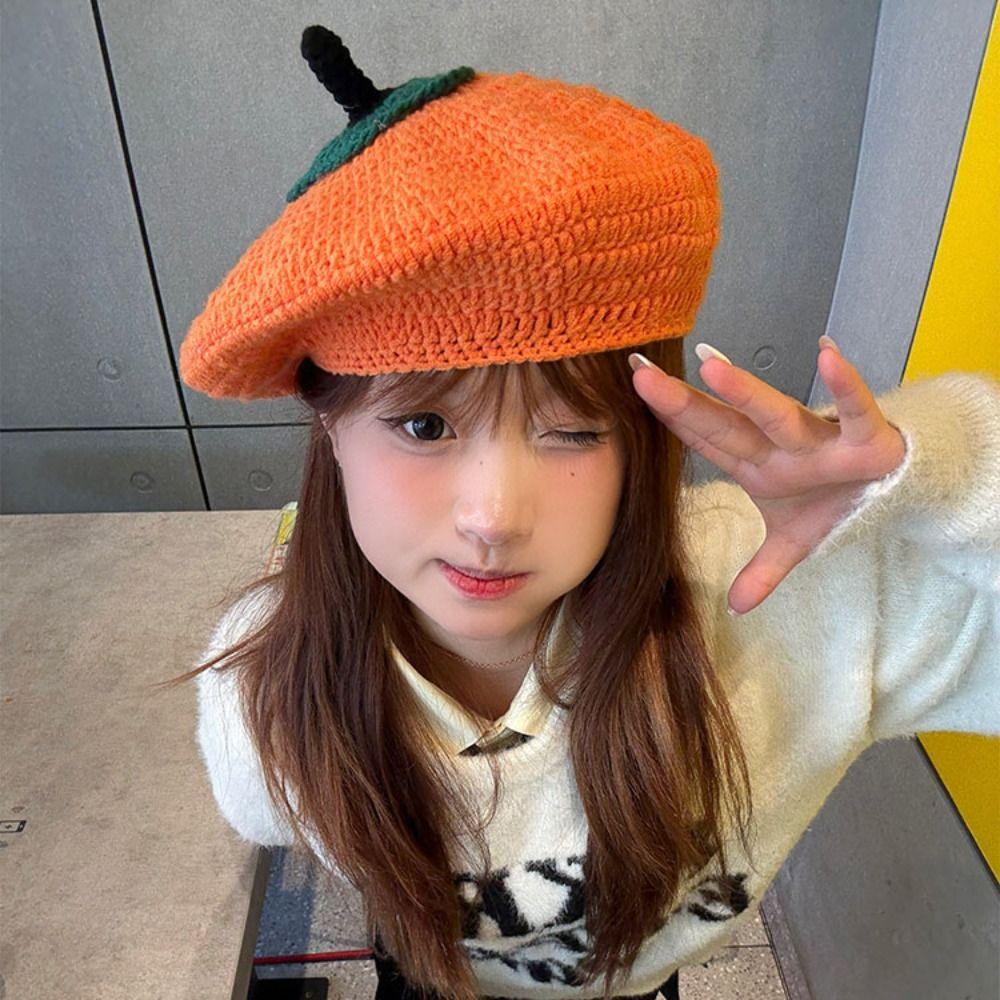 Japanese Persimmon Beret Kawaii Y2K Painter Hat Personality Knitted Hat  Women
